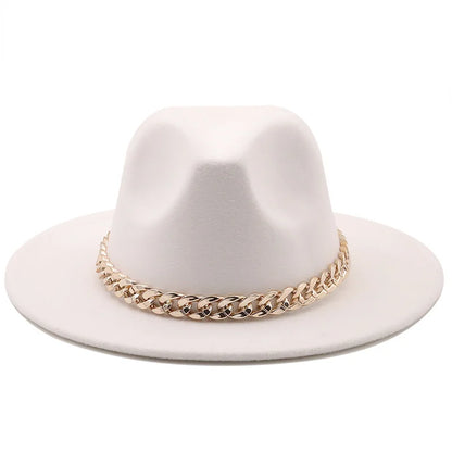 Simole Fedora Hats Women Men Wide Brim Thick Gold Chain Band Felted Hats