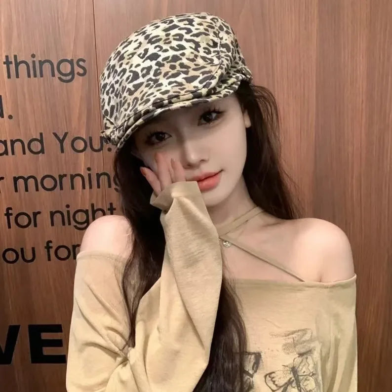 Leopard Print Octagonal Hat Cotton Unisex Winter Headwear