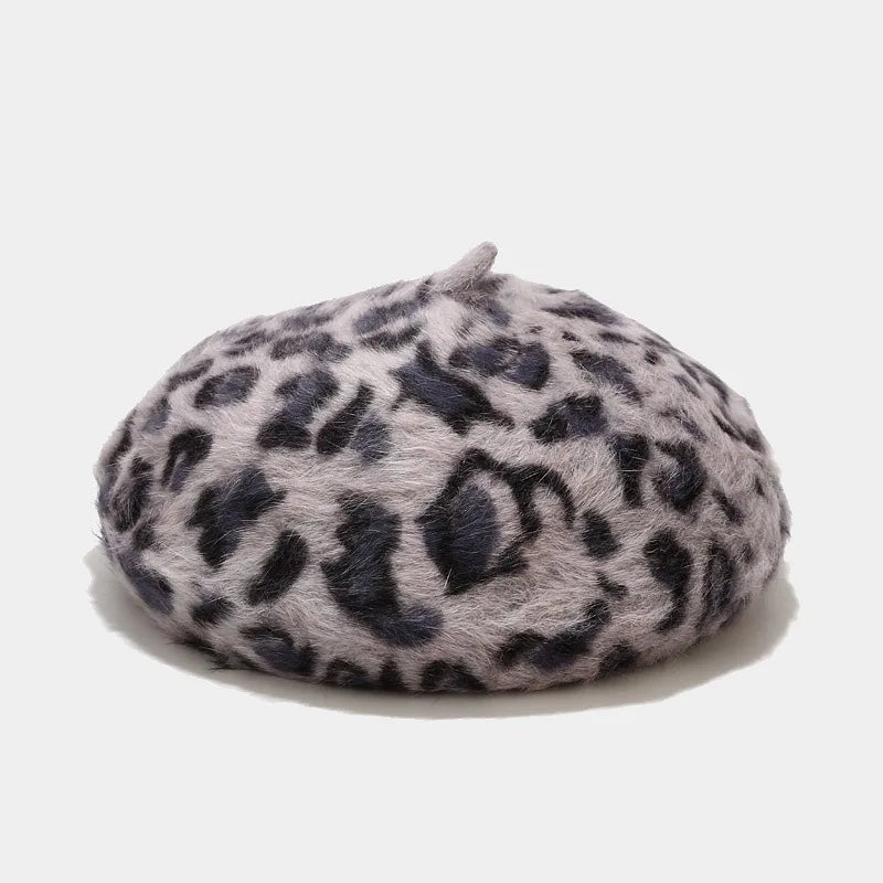 Autumn Winter Leopard Print Warm Rabbit Fur Octagonal Hats For Women