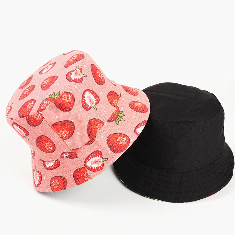 Cotton Strawberry Print Bucket Hat Fisherman Hat Outdoor Travel Hat