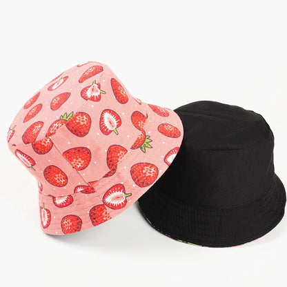 Cotton Strawberry Print Bucket Hat Fisherman Hat Outdoor Travel Hat