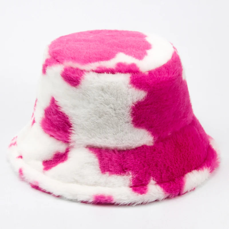 Women Bucket Hat Autumn And Winter Warm Cow Print Plush Fashion