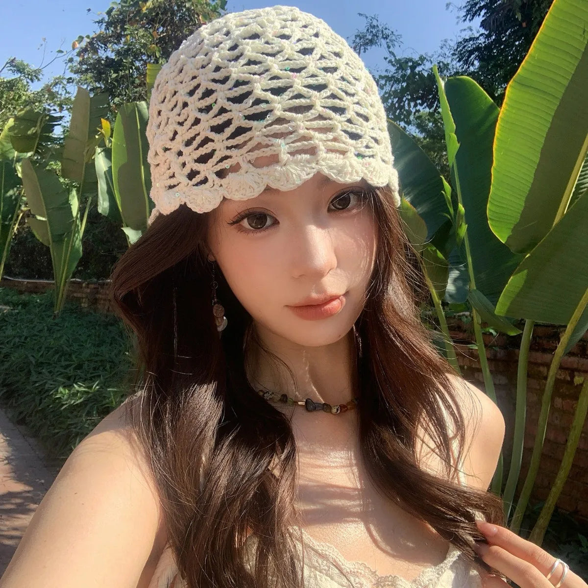 Spring Summer Handmade Knitted Sequin Hollow Crochet Vintage