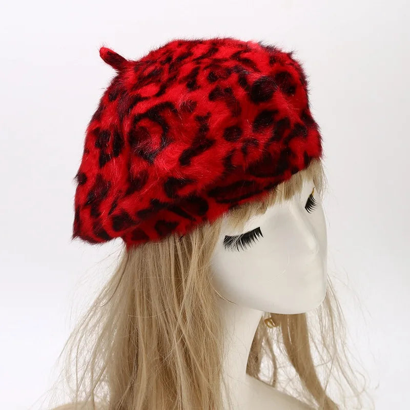 Autumn Winter Leopard Print Warm Rabbit Fur Octagonal Hats For Women