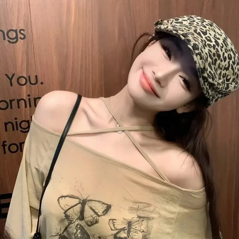 Leopard Print Octagonal Hat Cotton Unisex Winter Headwear