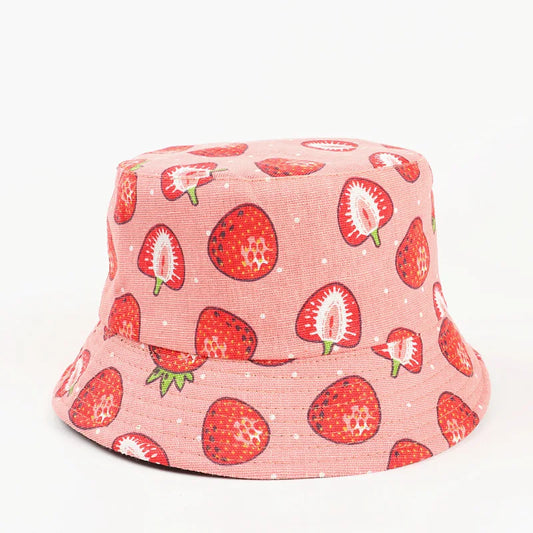 Cotton Strawberry Print Bucket Hat Fisherman Hat Outdoor Travel Hat
