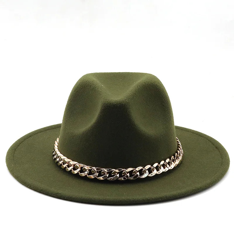 Simole Fedora Hats Women Men Wide Brim Thick Gold Chain Band Felted Hats