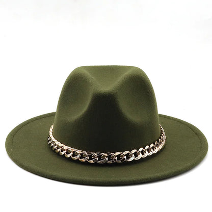 Simole Fedora Hats Women Men Wide Brim Thick Gold Chain Band Felted Hats