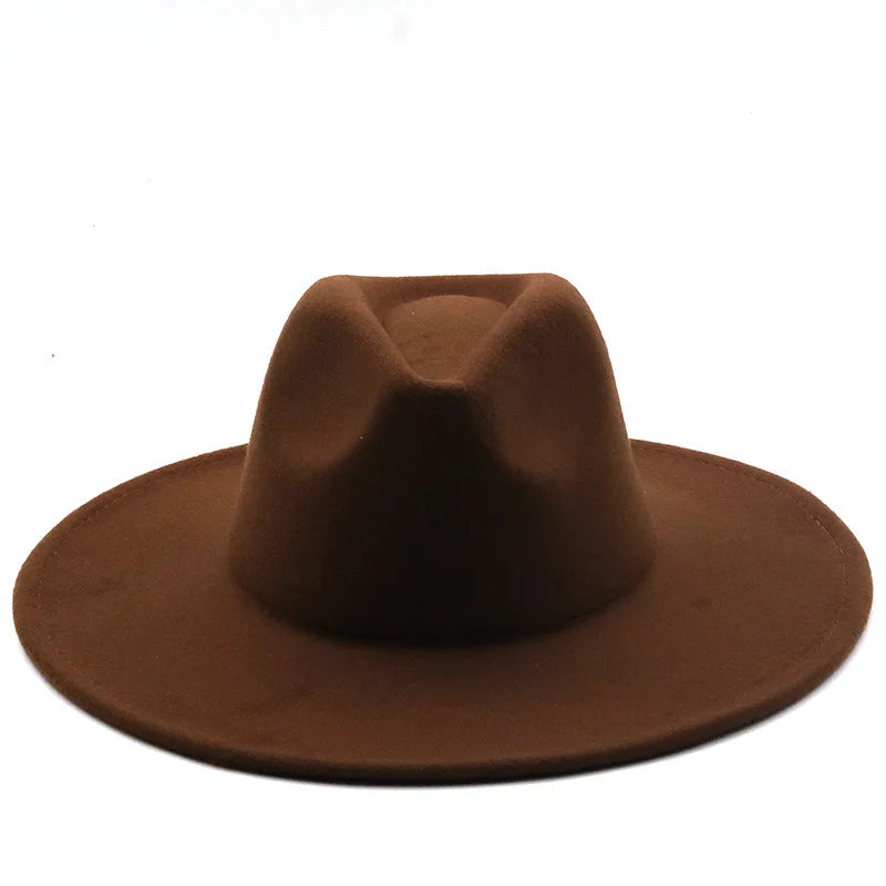 Men Women 9.5cm Flat Big Wide Brim Autumn Winter Wool Felt Fedora