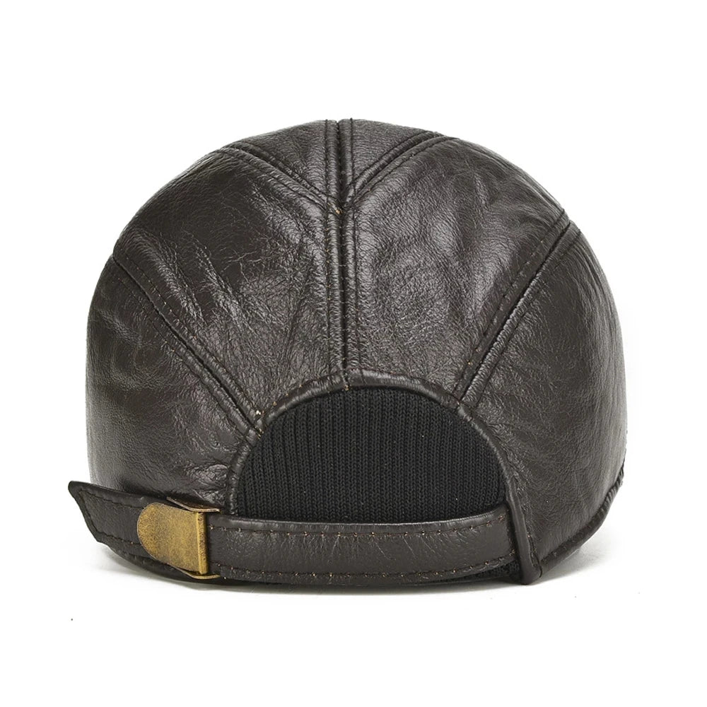 Brand Men Casual Real Leather Earflap Cap Men Real Cowhide Leather Caps