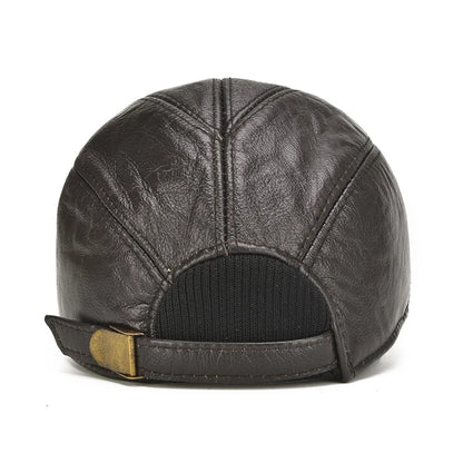 Brand Men Casual Real Leather Earflap Cap Men Real Cowhide Leather Caps