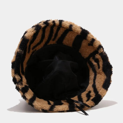 Winter Zebra Pattern Faux Fur Fluffy Bucket Hats Women