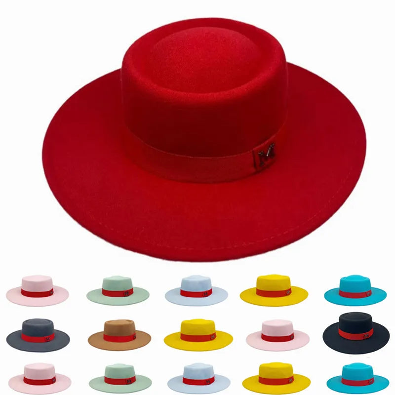 Winter Women Red Wool Felt Fedora Hat 8cm Wide Brim Ladies