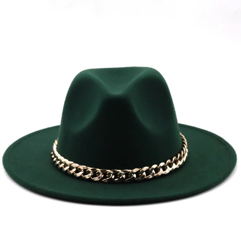 Simole Fedora Hats Women Men Wide Brim Thick Gold Chain Band Felted Hats