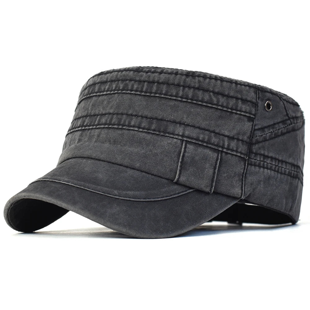 Casual Washed Cotton Flat Top Hat Military Caps Men Women Unique Design Vintage Four Seasons