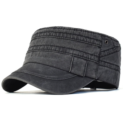 Casual Washed Cotton Flat Top Hat Military Caps Men Women Unique Design Vintage Four Seasons
