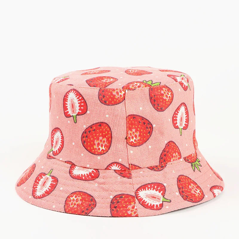 Cotton Strawberry Print Bucket Hat Fisherman Hat Outdoor Travel Hat