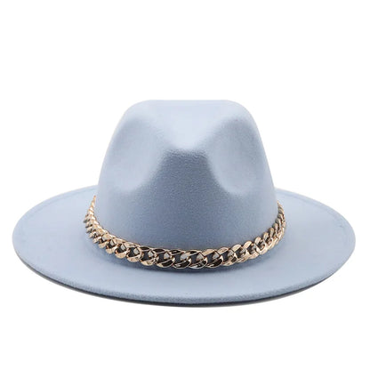 Simole Fedora Hats Women Men Wide Brim Thick Gold Chain Band Felted Hats