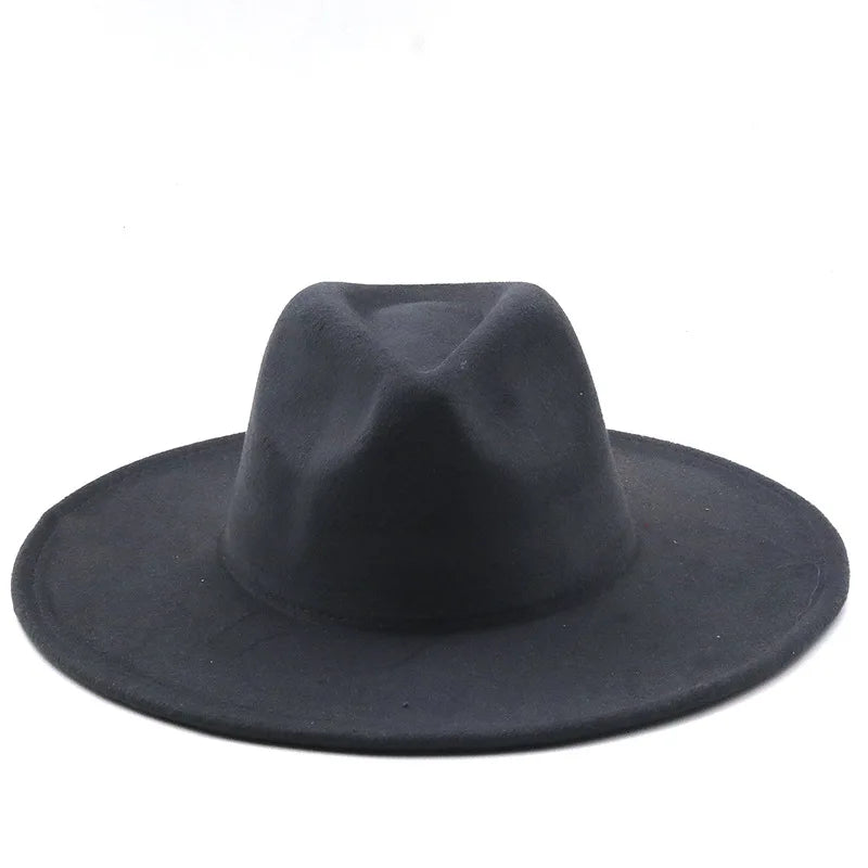 Men Women 9.5cm Flat Big Wide Brim Autumn Winter Wool Felt Fedora