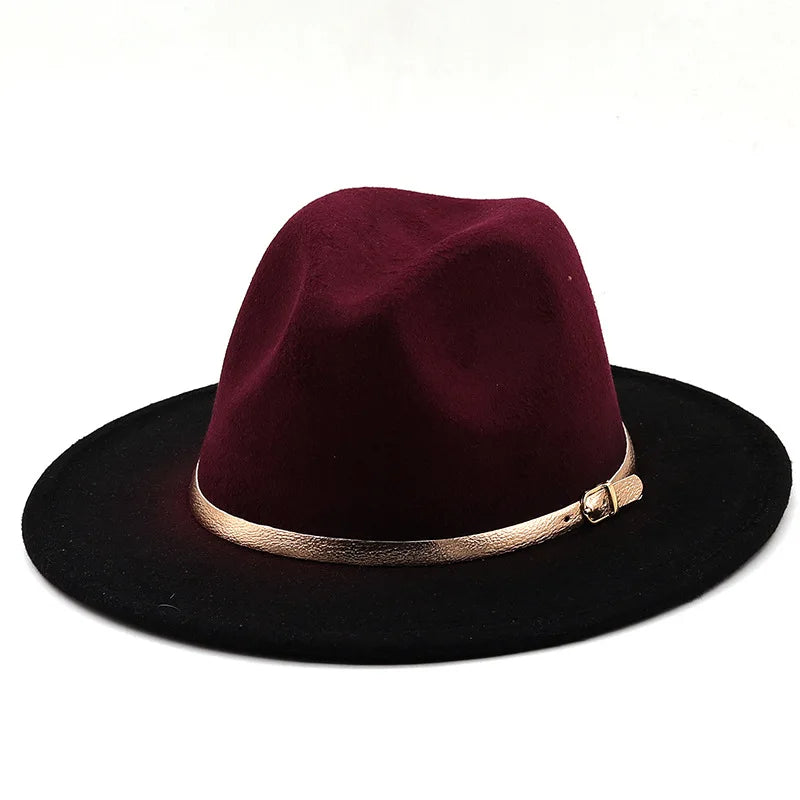 Women Patchwork Wide Brim Gradient Gold Belt Church Derby Top Hat