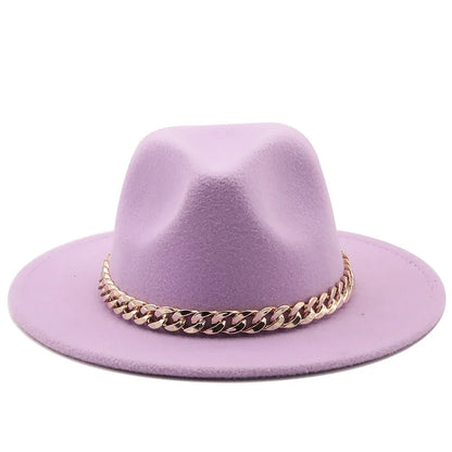 Simole Fedora Hats Women Men Wide Brim Thick Gold Chain Band Felted Hats