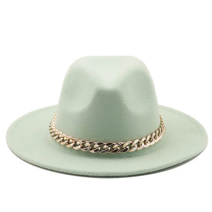 Simole Fedora Hats Women Men Wide Brim Thick Gold Chain Band Felted Hats
