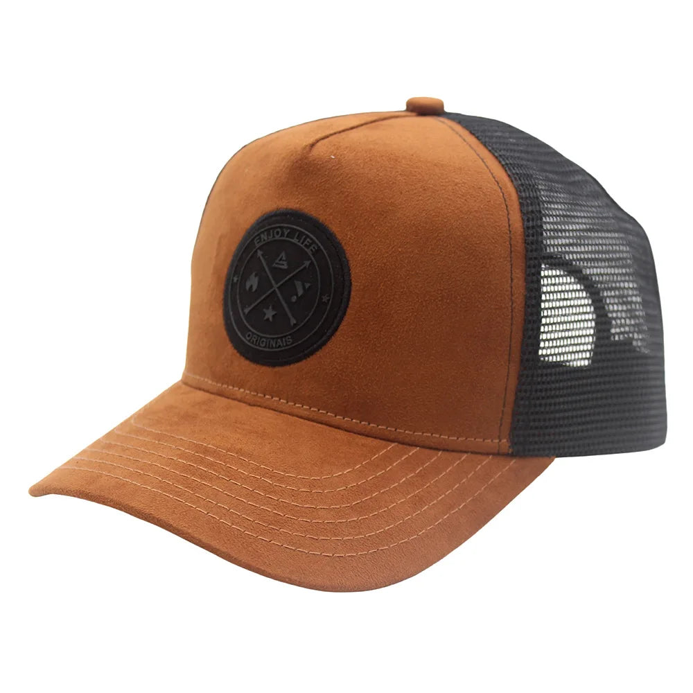 Mesh Back Curved Trucker Men And Women Baseball Cap 5-Panel Leather Patch