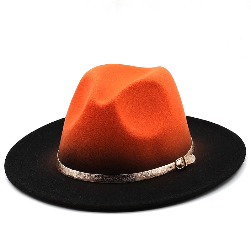 Women Patchwork Wide Brim Gradient Gold Belt Church Derby Top Hat