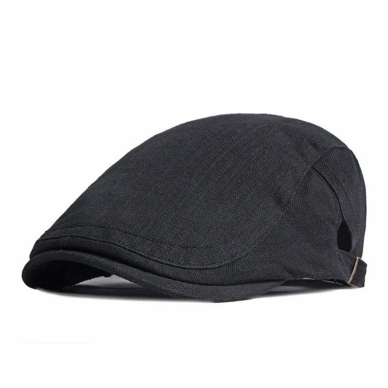 Spring Summer Beret Hat For Men Solid Black Gray Cotton Flat Cap
