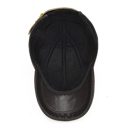 Brand Men Casual Real Leather Earflap Cap Men Real Cowhide Leather Caps