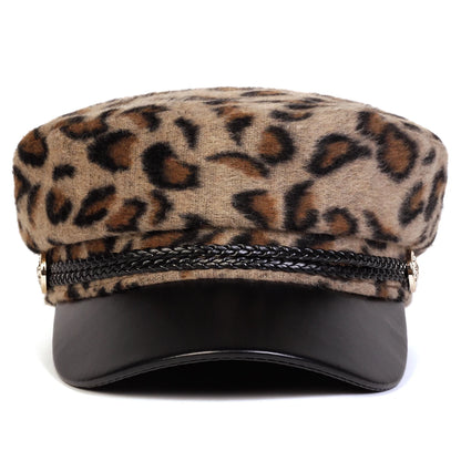 Unisex Plush Leopard Print Navy Cap Autumn Winter Sailor Hats Beret Hat