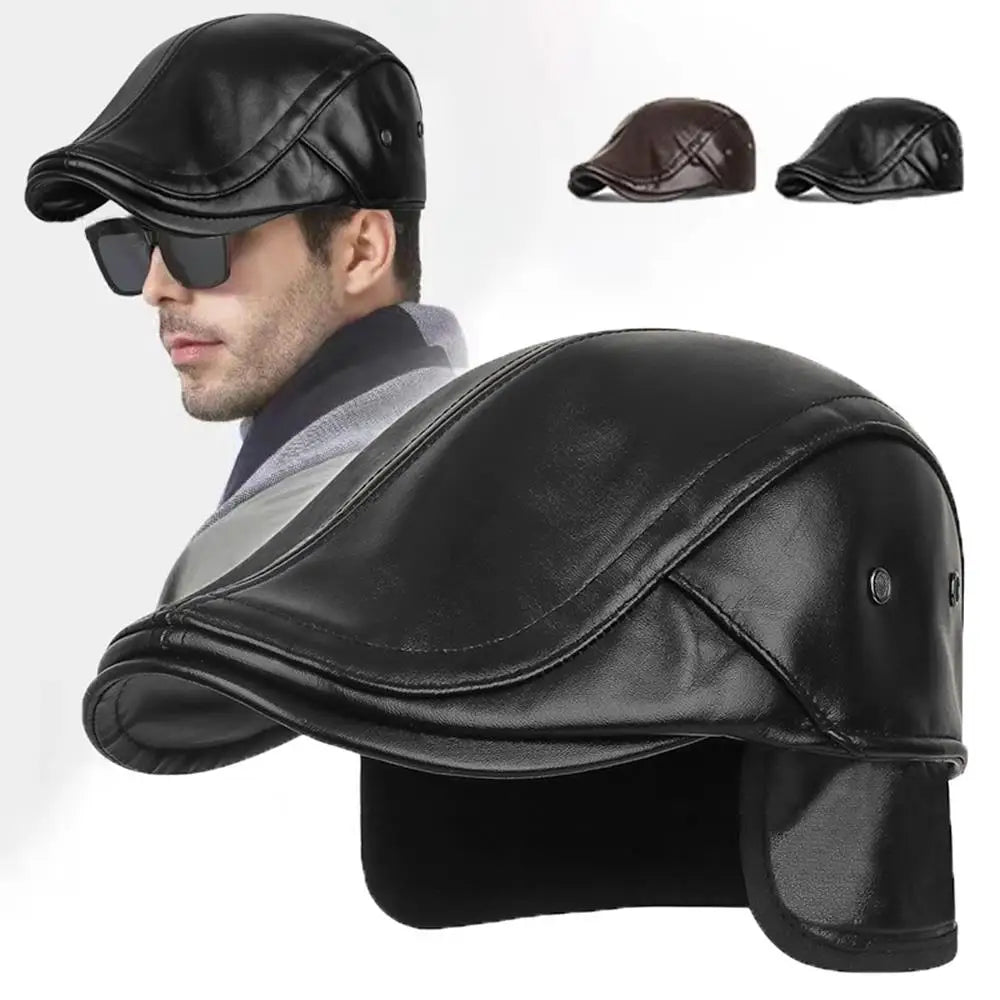 Men Retro Leather Newsboy Caps Autumn Winter Visor Beret Thicken Warm Hat