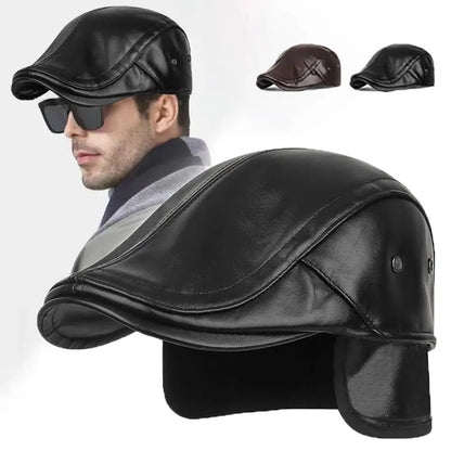 Men Retro Leather Newsboy Caps Autumn Winter Visor Beret Thicken Warm Hat