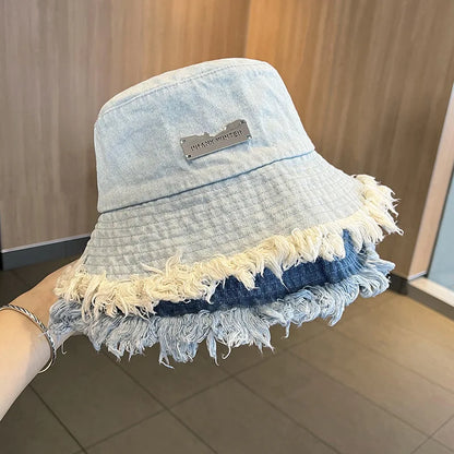 Fashion Tassel Washed Denim Bucket Hats Spring Summer Wide Brim Panama Cap Women