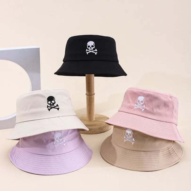 Summer Solid Bucket Hat For Women Embroidery Skull Breathable