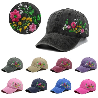 Vintage Flower Embroidery Baseball Cap Washed Cotton Adjustable