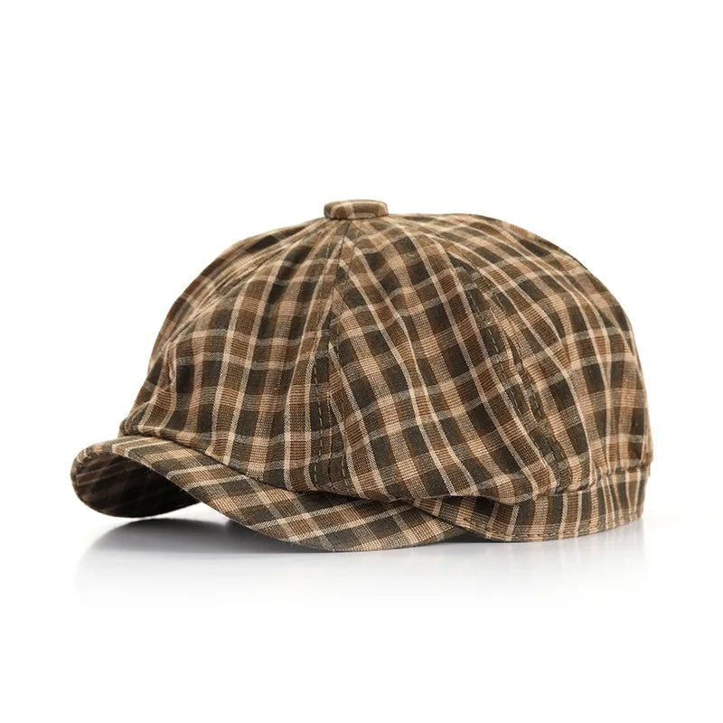 Checked Cloth Octagonal Cap Cotton Blends Plaid Men Casual Newsboy Caps