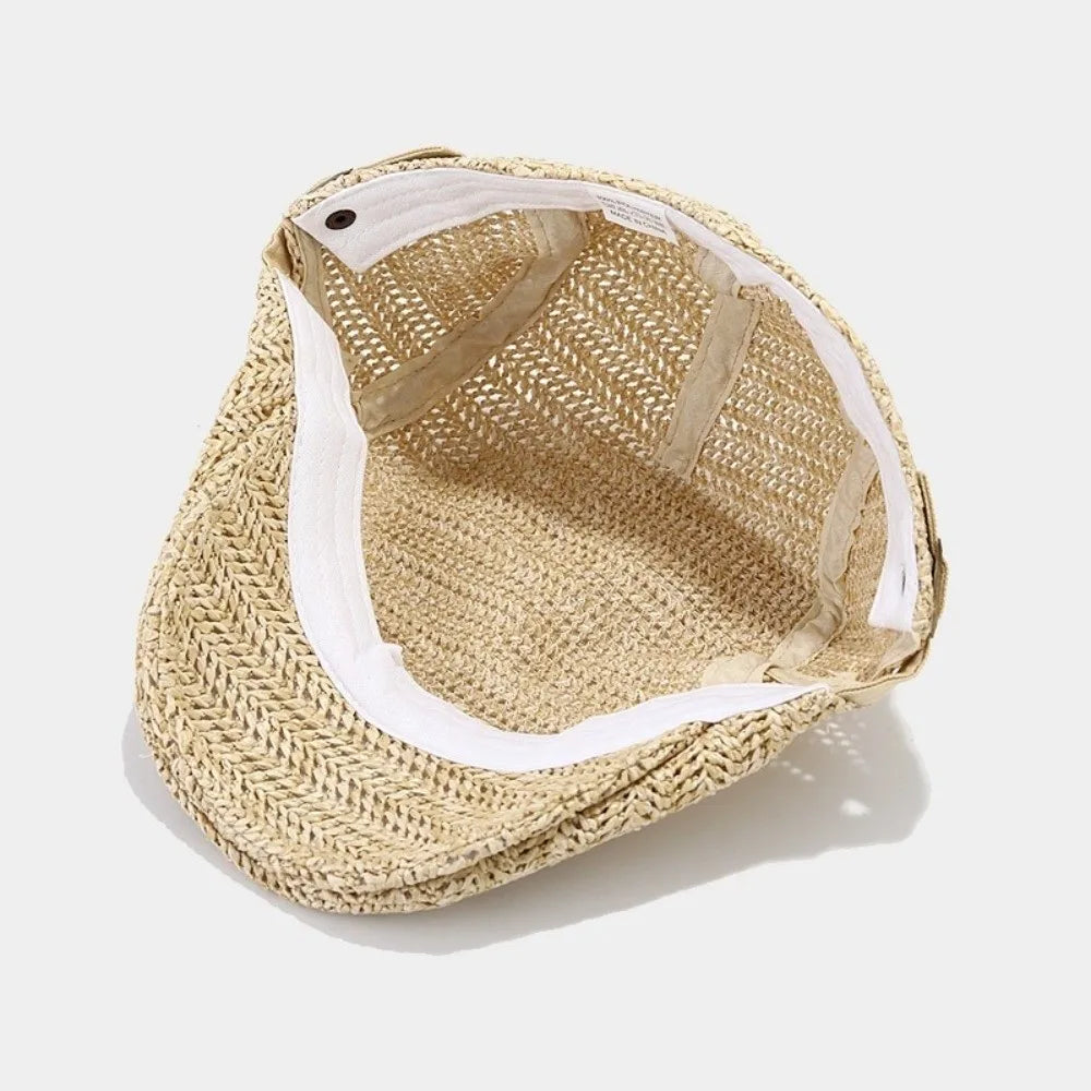 Japanese Style Hollow Straw Beret Vacation Flat Straw Newsboy Cap