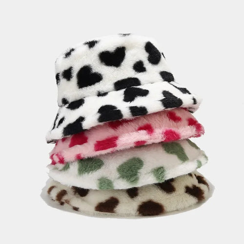 Winter Heart Print Faux Fur Fluffy Bucket Hat Women Outdoor