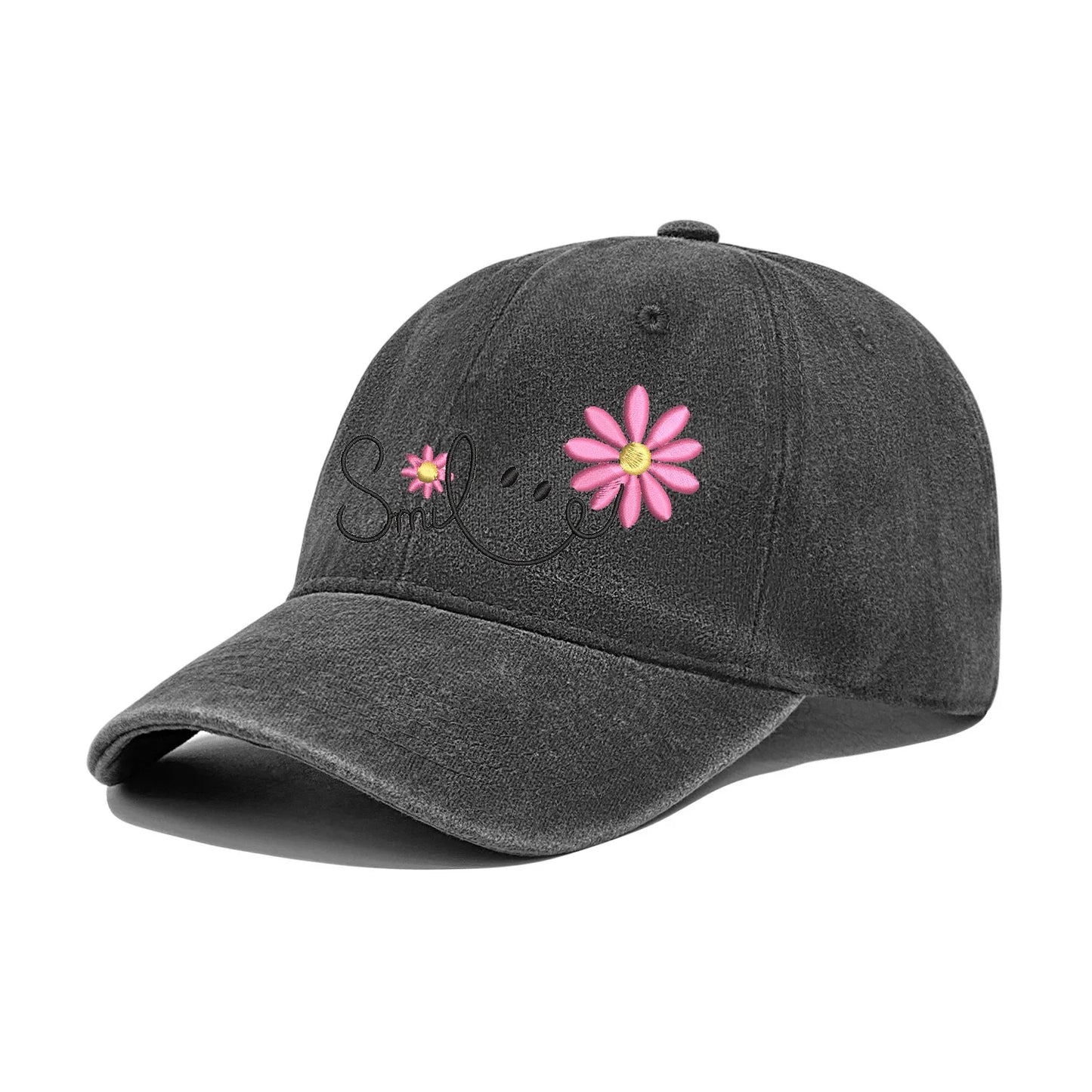 Sweet Daisy Flower Smile Embroidery Washed Cotton Hat