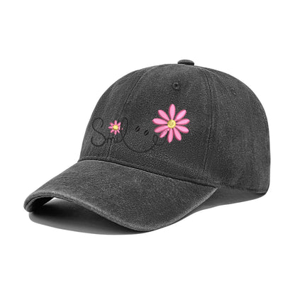 Sweet Daisy Flower Smile Embroidery Washed Cotton Hat