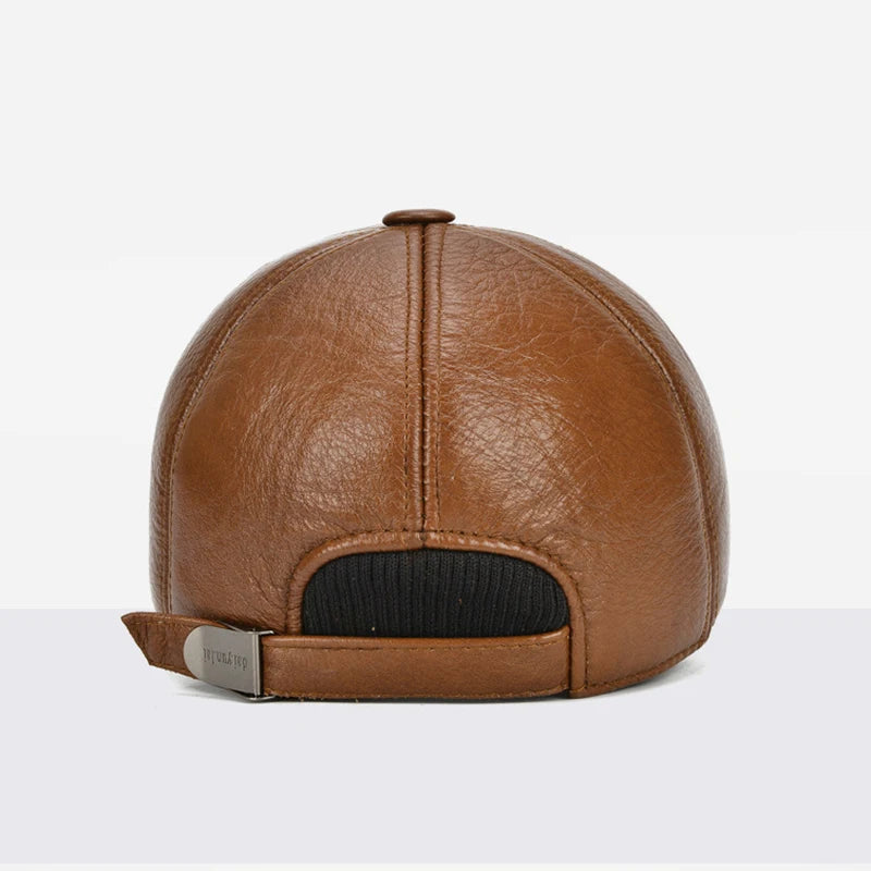 Men's Genuine Cowhide Leather Baseball Cap For Fall Winter Outdoor Sports Hat Men