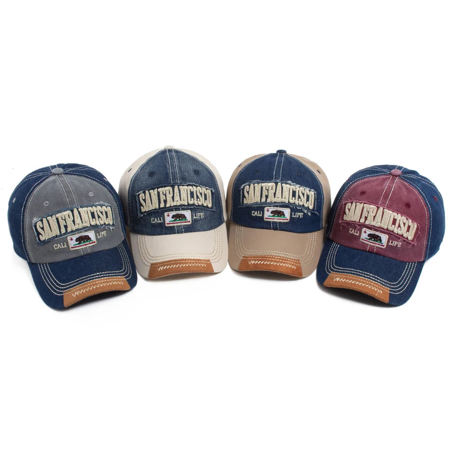 California Bear Baseball Cap Men Women Washed Denim Retro