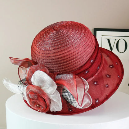 Fashion Hat Women Top Hat Elegant Organza Flower Wide Brim Sun Hat