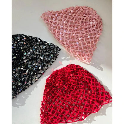 Glitter Sequins Cap Women Slouchy Snood Hat Hollow Out Knitted Hair Net