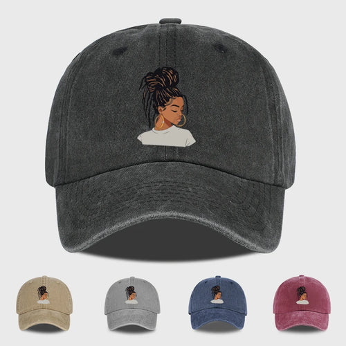 Vintage-Washed Baseball Cap with African Queen Print