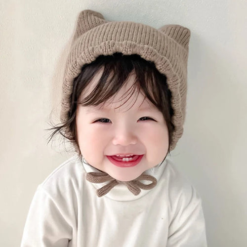 Autumn Winter Solid Color Knitted Warm Earmuffs Beanie Toddler Outdoor Windproof Cap