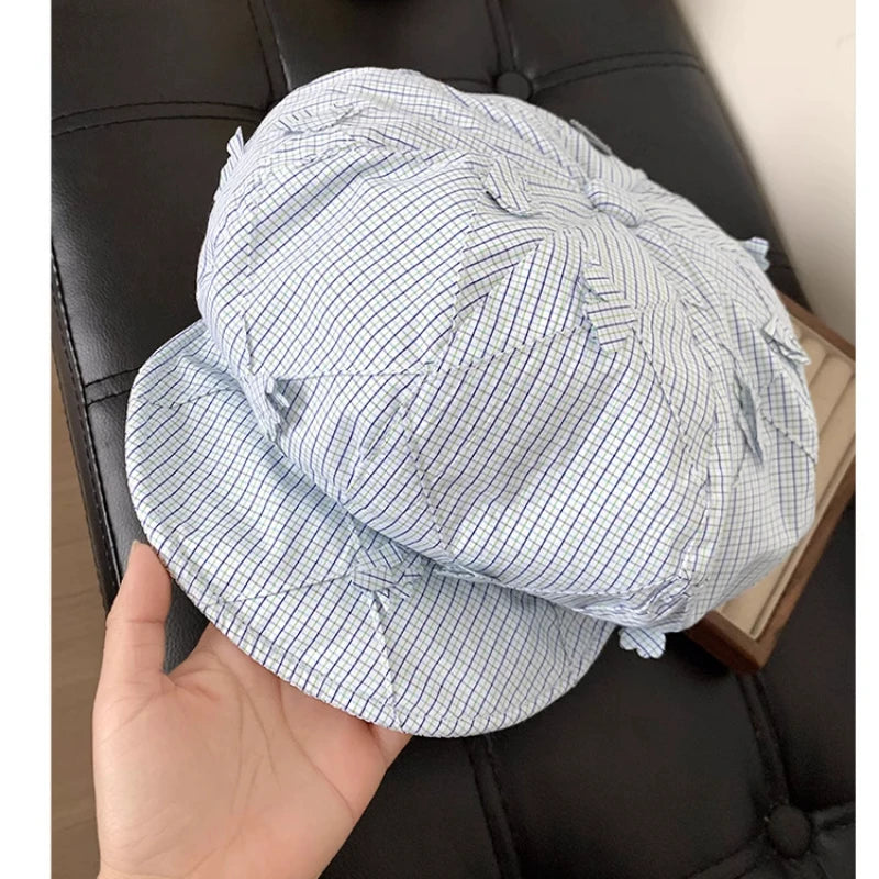 Japanese Literary Blue Plaid Beret Women's