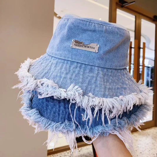 Korean Denim Bucket Hat Women Vintage Metal Label Fisherman Cap