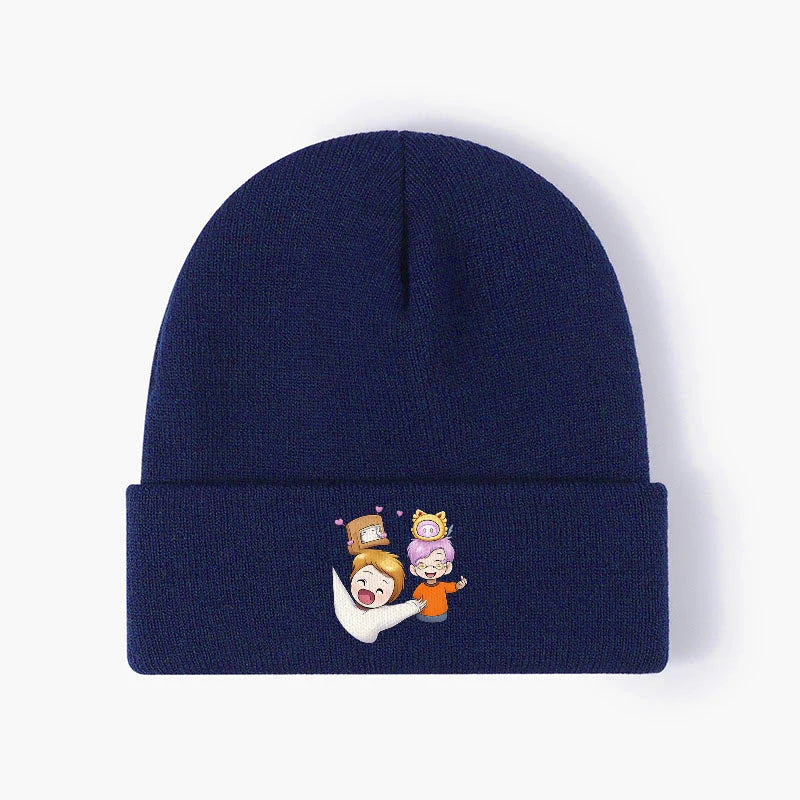 Cute Cartoon Friends Black Ribbed Knit Beanie Hat